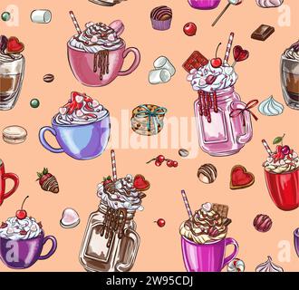 Seamless pattern of sweets desserts and coffee drinks for Valentine's Day with cute mugs for Peach Fuzz background, digital printing, t-shirt designs, Stock Vector