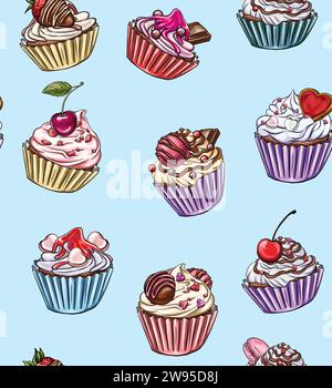Seamless pattern of cupcakes decorated for love related occasions: Valentine's Day, romantic date, digital printing, t-shirt design, stickers Stock Vector