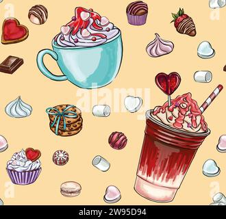 Seamless Pattern Drink and Dessert Compositions for Love Occasions: Valentine's Day, Romantic Date, Digital Printing, T-Shirt Design, Stickers, Bag Pa Stock Vector