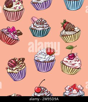Seamless pattern of cupcakes decorated for love related occasions: Valentine's Day, romantic date, digital printing, t-shirt design, stickers Stock Vector
