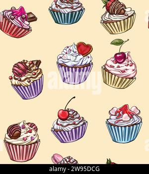 Seamless pattern of cupcakes decorated for love related occasions: Valentine's Day, romantic date, digital printing, t-shirt design, stickers Stock Vector