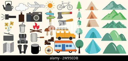 Set of illustrations of camping, outdoors and travel stock Outdoor hand-drawn line illustration vector design Stock Vector