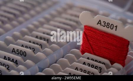 Selective Focus on Red Thread in a Box Against White Background Stock Photo