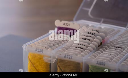 Close-Up of Colorful Crafting Threads in Plastic Box with Selective Focus Stock Photo