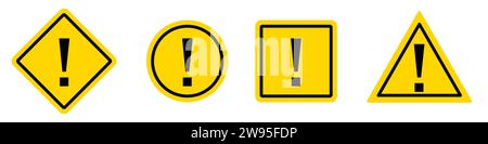 Exclamation mark in yellow square, circle, triangle and rhombus with shadow. Set of caution symbols. Danger warning sign sign. Vector illustration on Stock Vector