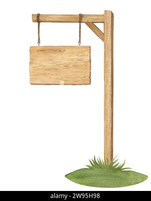Watercolor illustration of wood sign holder, wooden plank or pointer ...
