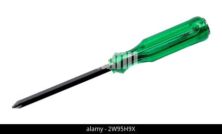 Black screwdriver with green handle is isolated on white background with clipping path. Stock Photo