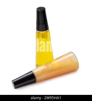 Liquid soap and shampoo in small bottles is isolated on white background with clipping path. Cosmetic Stock Photo