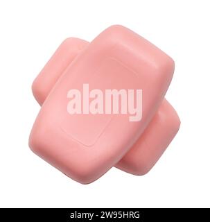 Two dry pink soap bars in stack are isolated on white background with clipping path. Stock Photo