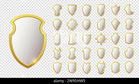 Set of realistic golden heraldic shields. Glass and glossy shield collection. Vector illustration. Stock Vector