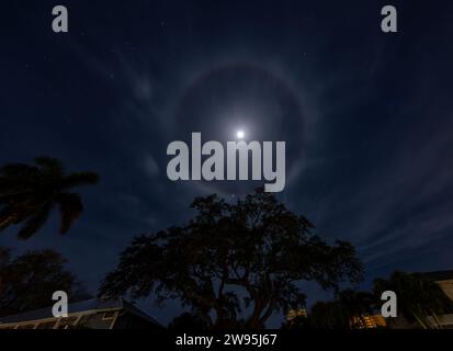 Marco Island, USA. 24th Dec, 2023. A moon halo reflects off ice crystals in a thin veil of cirrus clouds as Christmas Eve begins in the western sky over Marco Island, Florida Collier County USA as Christmas Eve starts just after midnight 12:15 AM EST on December 24, 2023. (Photo by Scott Schilke/Sipa USA) Credit: Sipa USA/Ģ����ý Live News Stock Photo