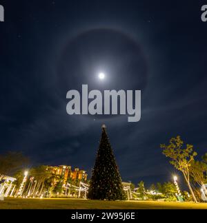 Marco Island, USA. 24th Dec, 2023. A moon halo reflects off ice crystals in a thin veil of cirrus clouds as Christmas Eve begins in the western sky over Marco Island, Florida Collier County USA as Christmas Eve starts just after midnight 12:15 AM EST on December 24, 2023. (Photo by Scott Schilke/Sipa USA) Credit: Sipa USA/Ģ����ý Live News Stock Photo