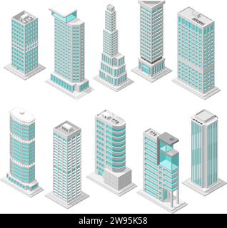 City skyscrapers isometric set of isolated images with outdoor looks of ...