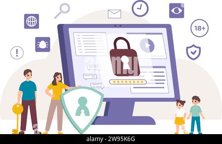 Internet parental control. Parent blocked computer and danger sites. Inappropriate content for children, block censored banned info snugly vector Stock Vector