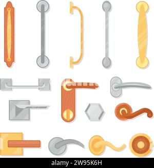Cartoon door handles. Isolated flat knobs and handle of doors. Accessories for decor and renovation house, wooden and metallic decent vector icons set Stock Vector