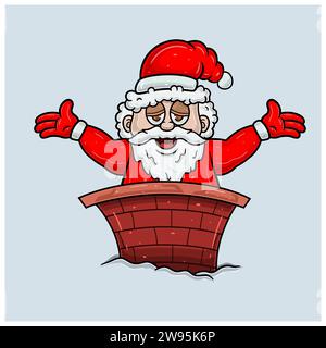 Santa Claus Mascot Character Cartoon On House Chimney. Vector Illustration. Stock Vector