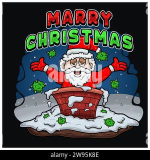 Santa Claus Character and Marry Christmas Text. With High, Weedbud, On House Chimney and Background. Vector Illustration. Stock Vector