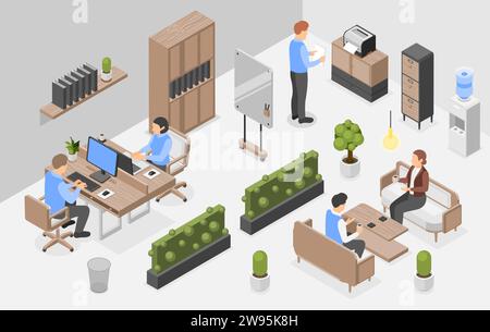Coworking isometric open office. Managers and clients, business people working and communication. Corporate culture, flawless vector scene Stock Vector
