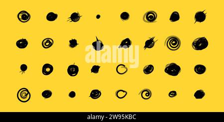 Set of hand drawn doodle circles in a grunge style. Scribble doodle circle and point. Vector illustration for bullet journal. Isolated yellow backgrou Stock Vector
