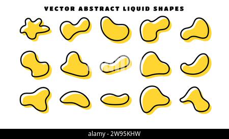 Outline blob shapes, fluid or liquid round abstract elements. Black and yellow simple blotch water forms. Flat vector illustration. Stock Vector