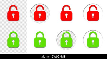 Set of padlock icon, lock and unlock icons. Safety protect symbols. Close and open lock padlock symbols. Red and green sign locked and unlocked padloc Stock Vector