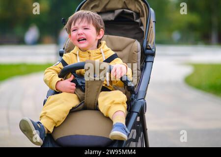 The unhappy child's face shows stress as he crying in the stroller during the park walk. Kid aged two years (two-year-old boy) Stock Photo