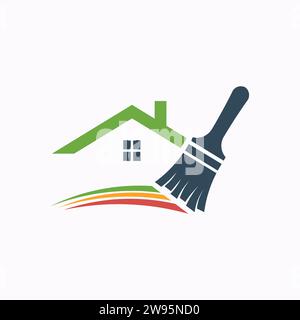 Home Renovation and Painting Services Logo - A Paintbrush with Colorful Strokes Underneath a House Silhouette, Representing Refreshment and Stock Vector