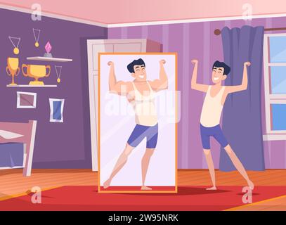 Man see in mirror. Thin man self view and seeing strong body Stock Vector