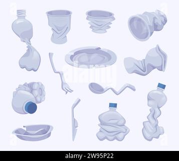 Recycling bottles. Plastic broken containers for water and food exact vector empty crushed bottles Stock Vector