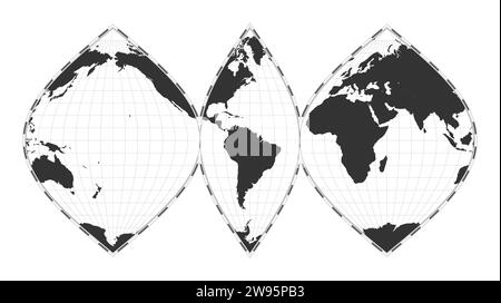 Vector world map. Interrupted sinusoidal projection. Plain world geographical map with latitude and longitude lines. Centered to 60deg E longitude. Ve Stock Vector