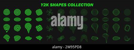 Abstract wireframes, cyberpunk elements and perspective green grids on a spheres. Psychedelic y2k shapes. Rave vector elements or trendy psychedelic s Stock Vector