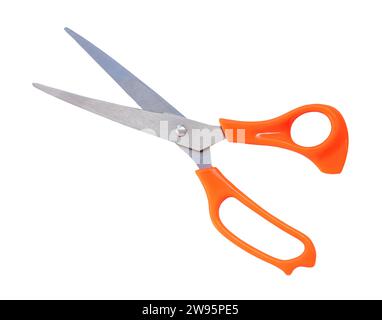Multipurpose scissors with orange handle is isolated on white background with clipping path. Stock Photo