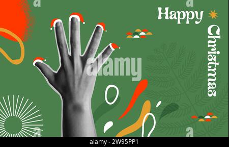 Merry Christmas Happy New Year greeting card vector design. Fingers in Santa Claus hats decor. Human hand in trendy halftone collage mixed media 90s Stock Vector