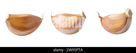Front view of three separated fresh garlic cloves are isolated on white background with clipping path. Close up photo Stock Photo