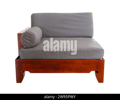 Gray quilted fabric vintage art deco style armchair on wooden base and legs is isolated on white background with clipping path. Front view series of f Stock Photo