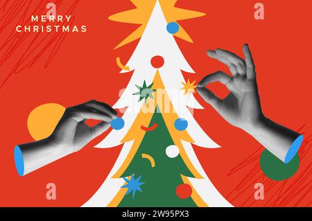 Merry Christmas greeting card vector illustration. Human hands holding seasonal ornament decoration over xmas tree. Trendy halftone collage style. Stock Vector