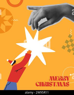 Christmas greeting card vector illustration. Human hand and cartoon santa holding a seasonal star decor. Trendy collage mixed media 90s style and colo Stock Vector