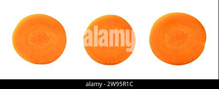 Top view of three separated fresh orange carrot slices is isolated on white background with clipping path. Stock Photo