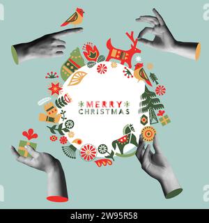 Merry Christmas Happy New Year greeting card set. Retro scandinavian folk art icon illustration. Holiday decoration in modern nordic style includes wi Stock Vector