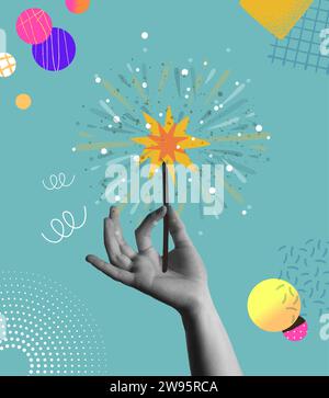 Merry Christmas Happy New Year greeting card vector design. Human hand holding sparkler or bengal fire. Trendy halftone collage mixed media 90s style Stock Vector