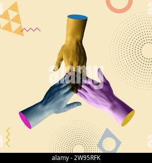 Group of human hands on top of each other of diverse colors in retro 90s collage vector style. Concept of teamwork, cooperation, equality, diversity a Stock Vector