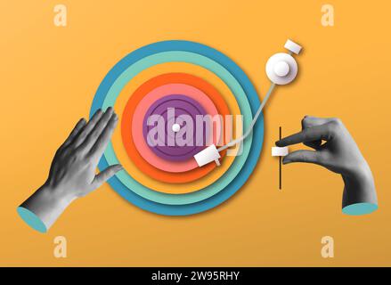 Colorful papercut vinyl record player with rainbow disk cutout circle. Retro music design, dj human hands mixing musicin in modern retro 90s style mix Stock Vector