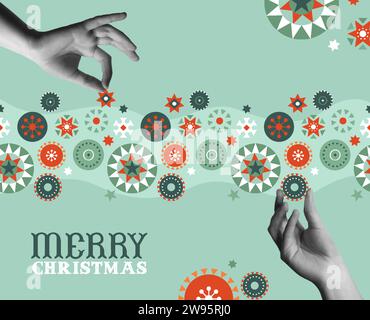 Merry Christmas vintage greeting card vector illustration. Geometric scandinavian folk art ornament and human hands in trendy halftone collage mixed m Stock Vector
