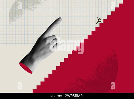 Growth business idea card vector illustration. Human hand indicating the climb to the ladder in modern retro 90s style mixed media halftone collage. C Stock Vector
