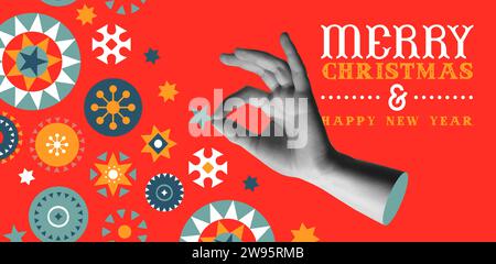 Merry Christmas vintage banner vector illustration. Geometric scandinavian folk art ornament and human hand in trendy halftone collage mixed media 90s Stock Vector