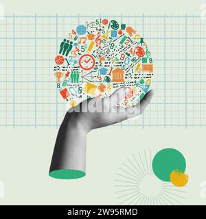 Global education concept vector card illustration. Human hand holding a circle shape of diverse school icons in trendy halftone retro collage 90s styl Stock Vector