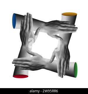 Teamwork idea card vector illustration. Diverse human hands joined together in trendy halftone retro collage mixed media 90s style.  Concept of divers Stock Vector