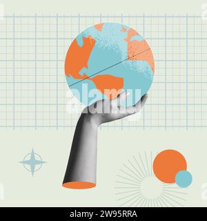 The world in our hands concept card vector illustration. Human hand holding a cartoon earth globe in trendy halftone retro collage mixed media 90s sty Stock Vector