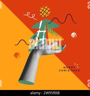 Merry Christmas greeting card vector illustration. Human hand holding seasonal pine tree. Trendy halftone collage mixed media 90s style and colorful r Stock Vector