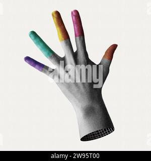 Fingers of different colors in vector illustration. Open human hand gesture with colorful limbs in trendy halftone retro collage mixed media 90s style Stock Vector